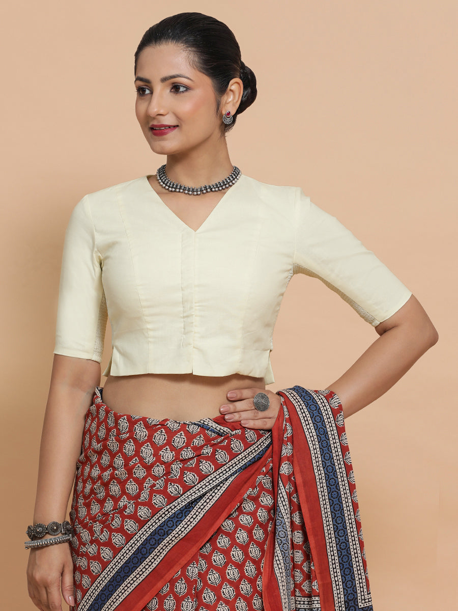 Rini x Rozaana Saree Blouse, in White Linen, featuring elbow sleeves and v-neckline, made for daily & work (view 7).