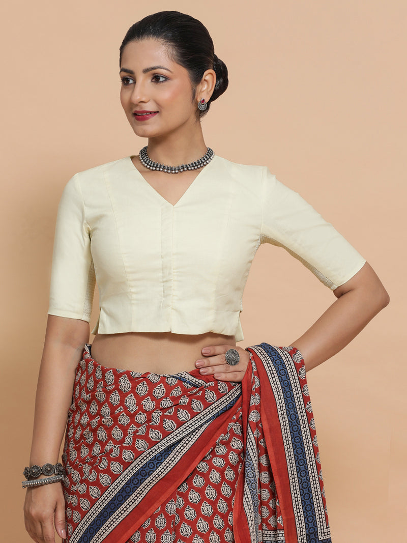 Rini x Rozaana | Elbow Sleeves Saree Blouse in Chalk White Linen-Binks