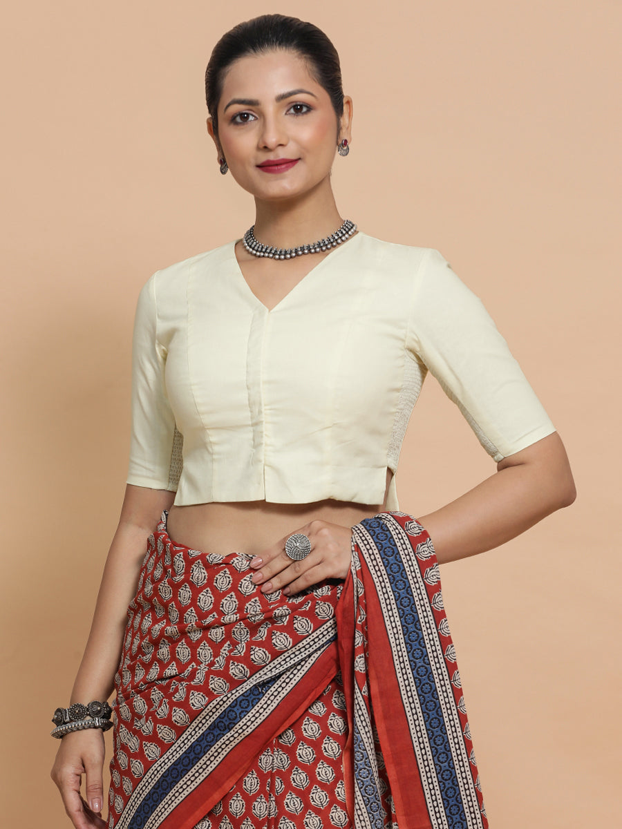 Rini x Rozaana Saree Blouse, in White Linen, featuring elbow sleeves and v-neckline, made for daily & work (view 8).
