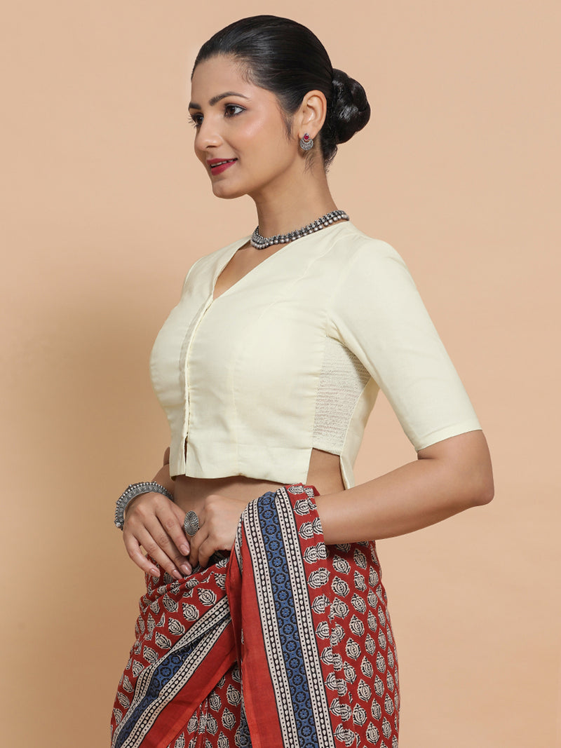 Rini x Rozaana | Elbow Sleeves Saree Blouse in Chalk White Linen-Binks
