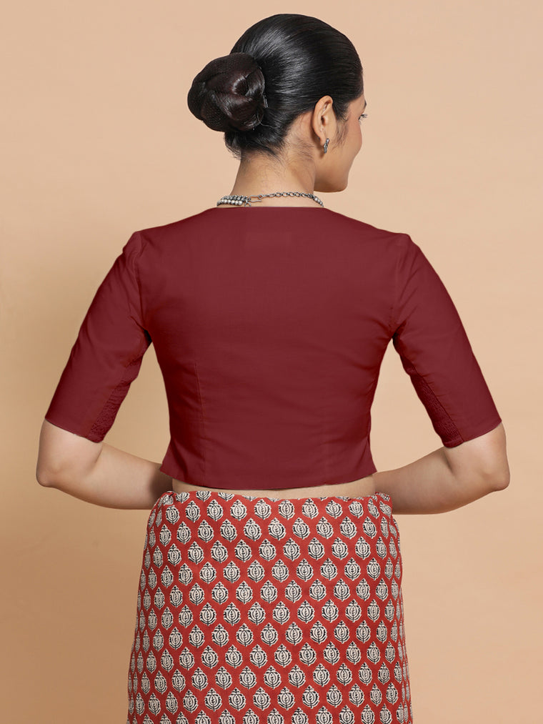 Rini x Rozaana Saree Blouse, in Red Linen, featuring elbow sleeves and v-neckline, made for daily & work (view 2).