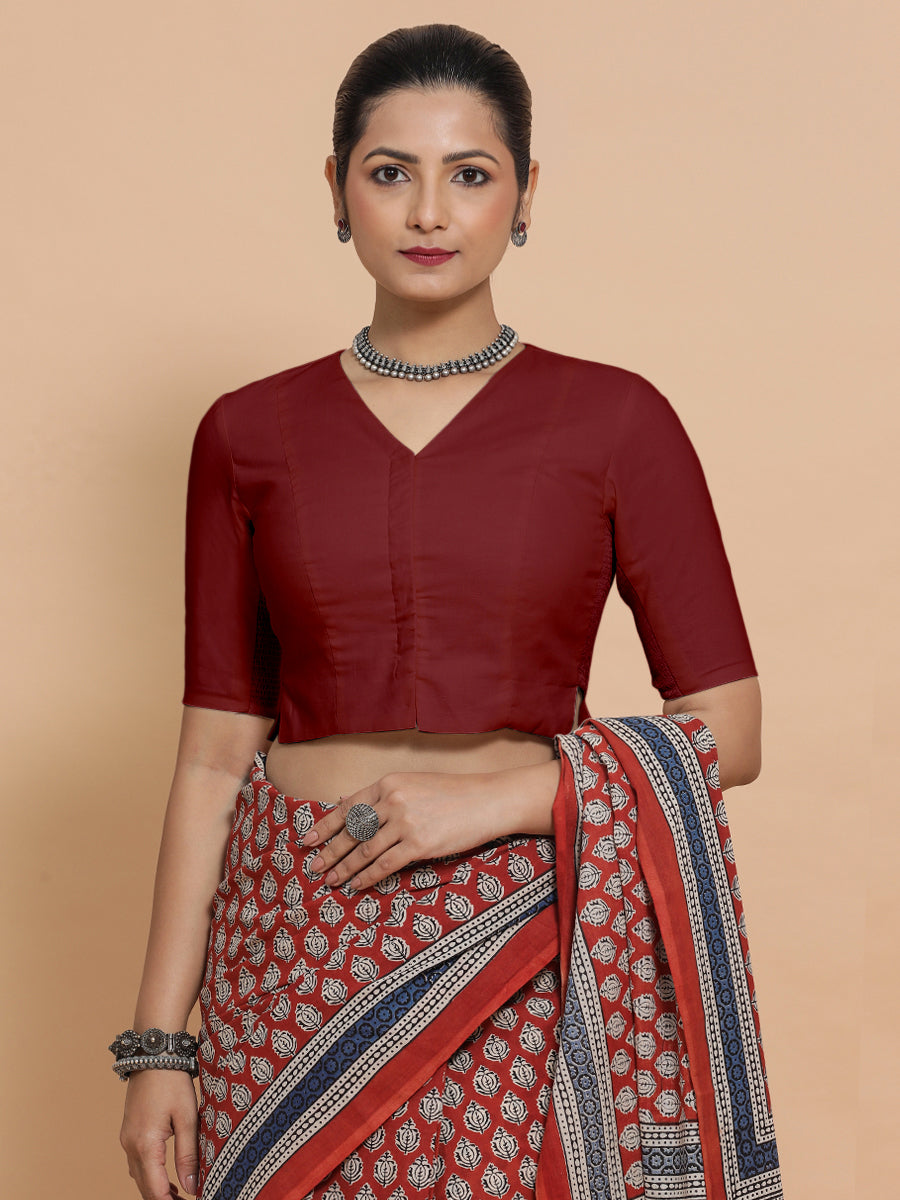 Rini x Rozaana Saree Blouse, in Red Linen, featuring elbow sleeves and v-neckline, made for daily & work (view 5).