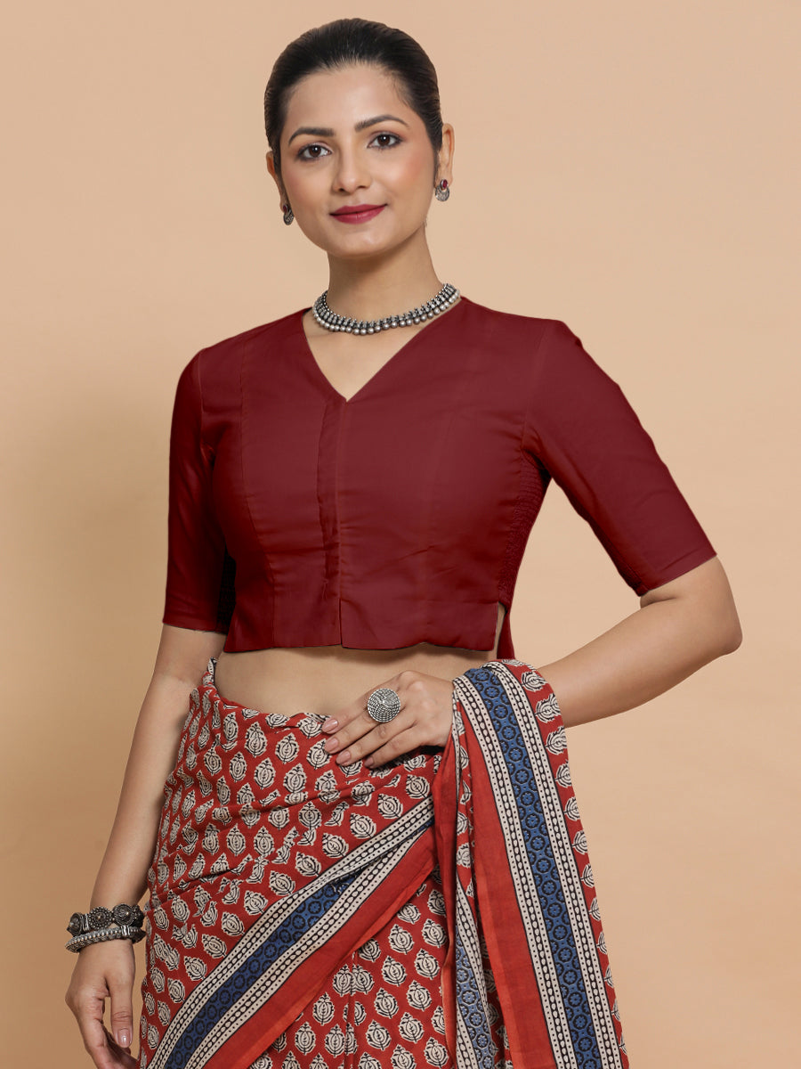 Rini x Rozaana Saree Blouse, in Red Linen, featuring elbow sleeves and v-neckline, made for daily & work (view 8).