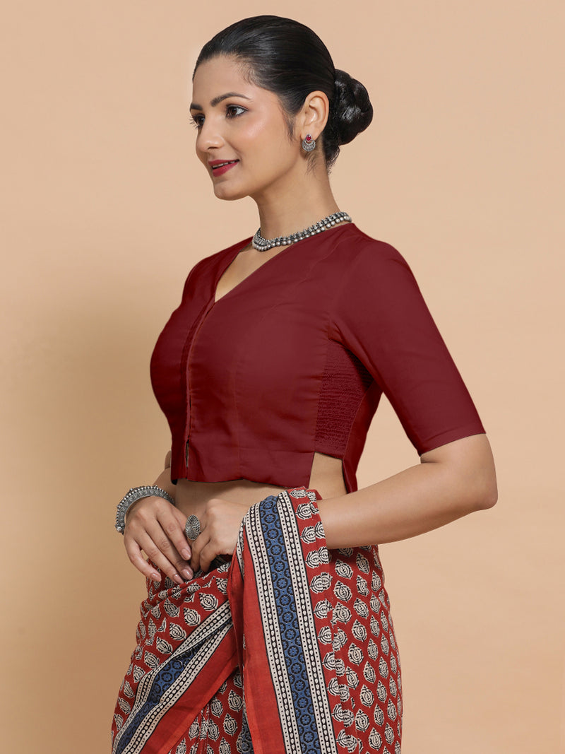 Rini x Rozaana | Elbow Sleeves Saree Blouse in Cranberry Red Linen-Binks