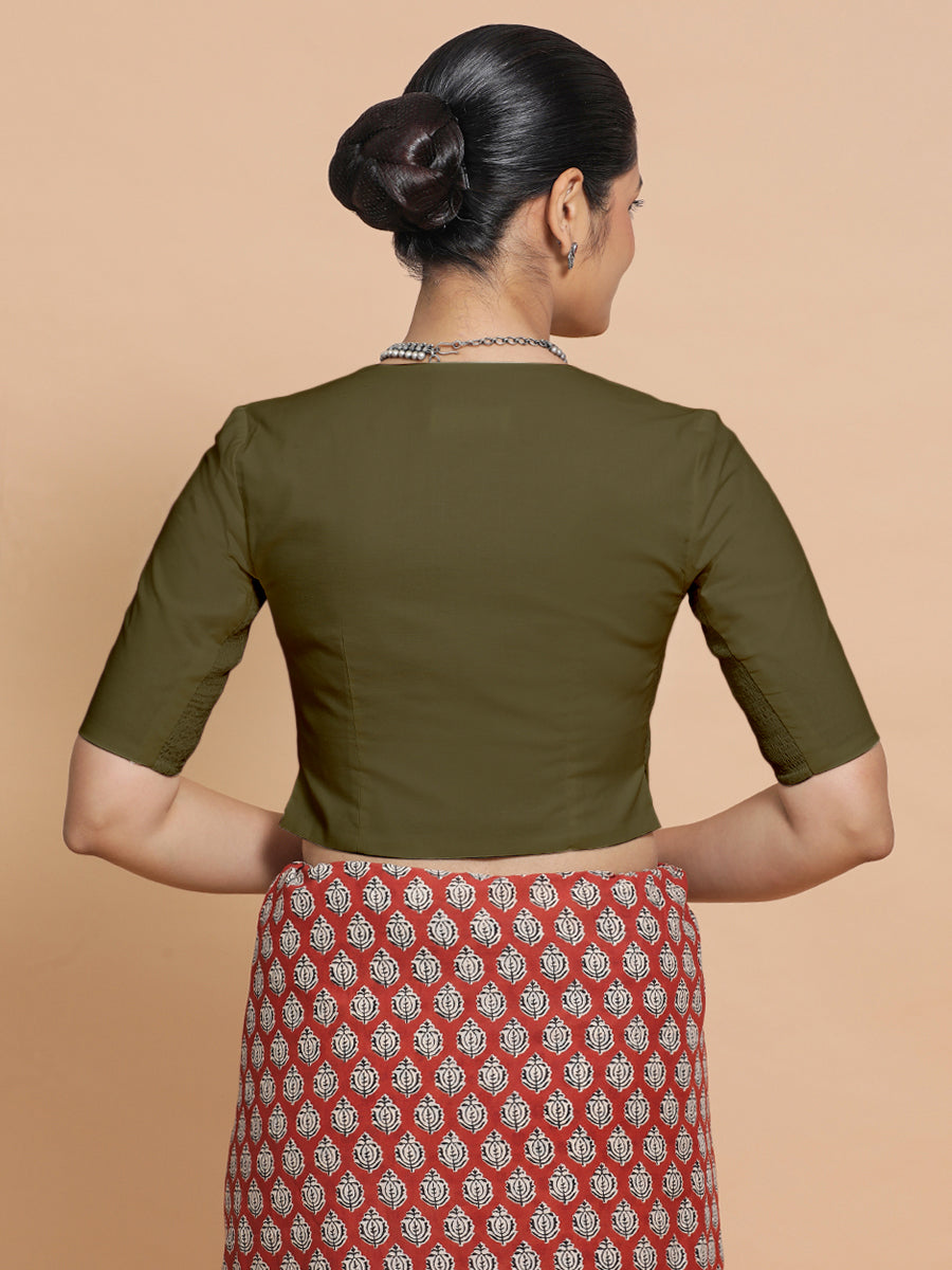Rini x Rozaana Saree Blouse, in Green Linen, featuring elbow sleeves and v-neckline, made for daily & work (view 2).