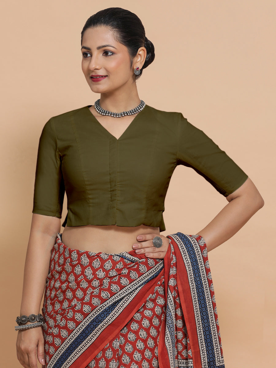 Rini x Rozaana Saree Blouse, in Green Linen, featuring elbow sleeves and v-neckline, made for daily & work (view 7).