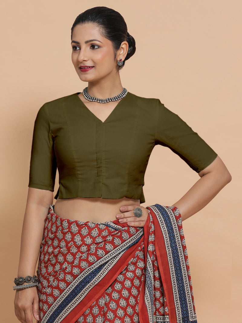 Rini x Rozaana | Elbow Sleeves Saree Blouse in Deep Olive Green Linen-Binks