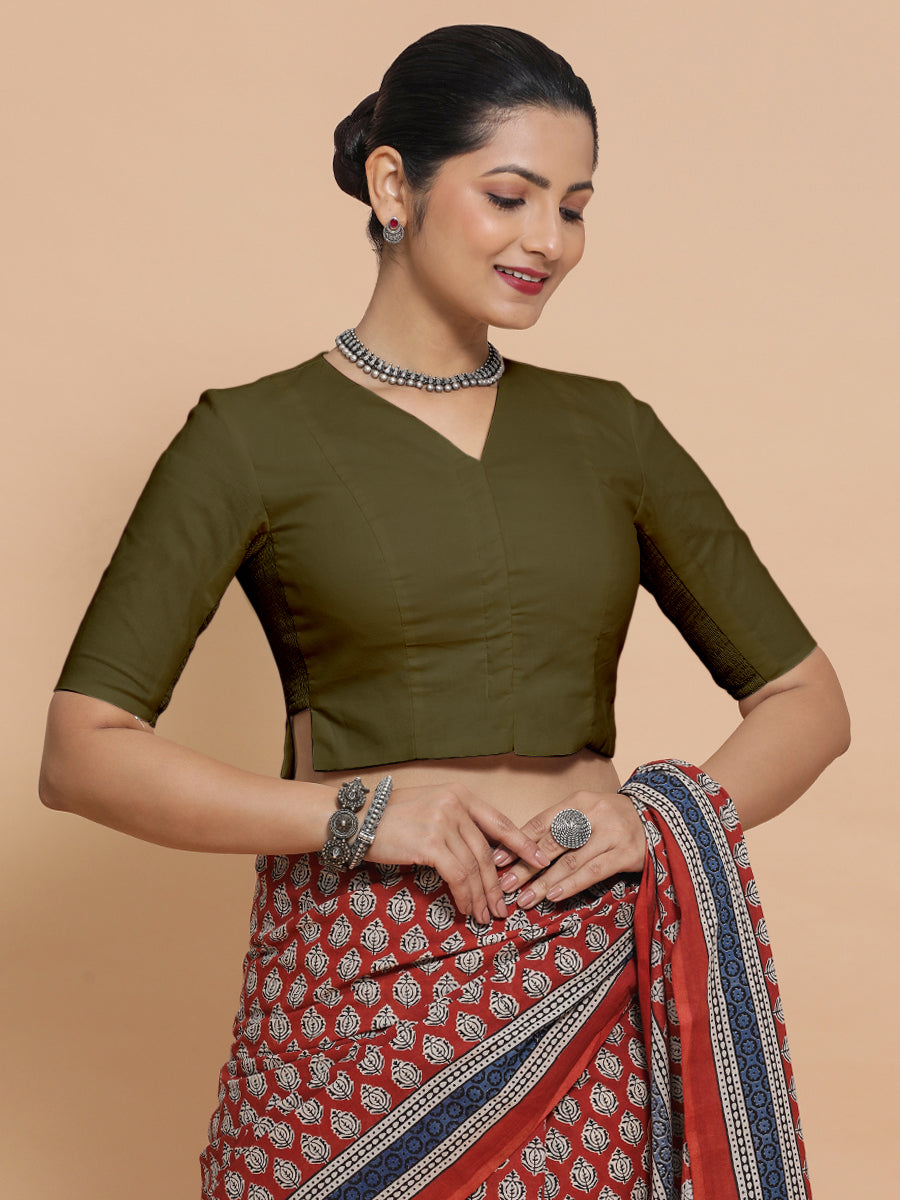 Rini x Rozaana Saree Blouse, in Green Linen, featuring elbow sleeves and v-neckline, made for daily & work (view 8).