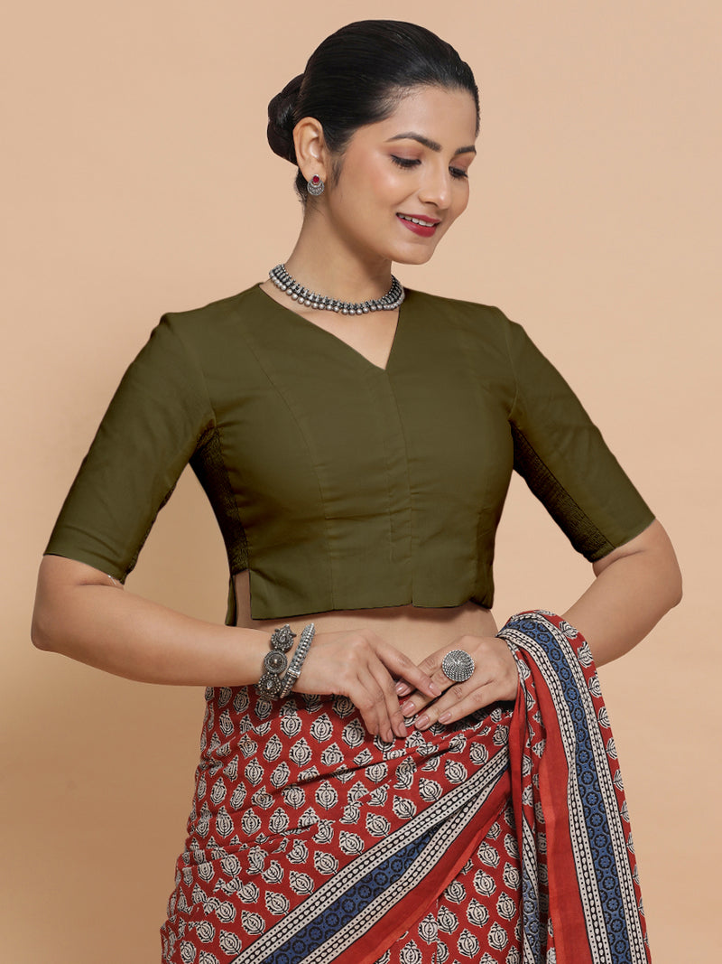 Rini x Rozaana | Elbow Sleeves Saree Blouse in Deep Olive Green Linen-Binks