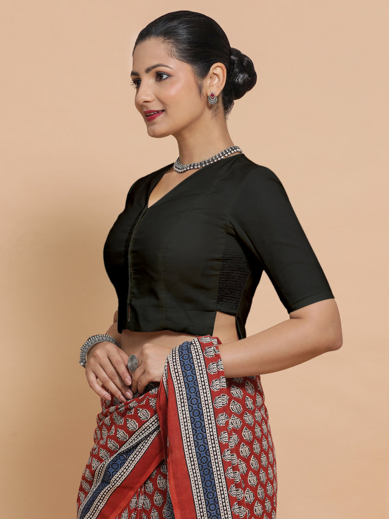 Rini x Rozaana | Elbow Sleeves Saree Blouse in Ebony Black Linen-Binks