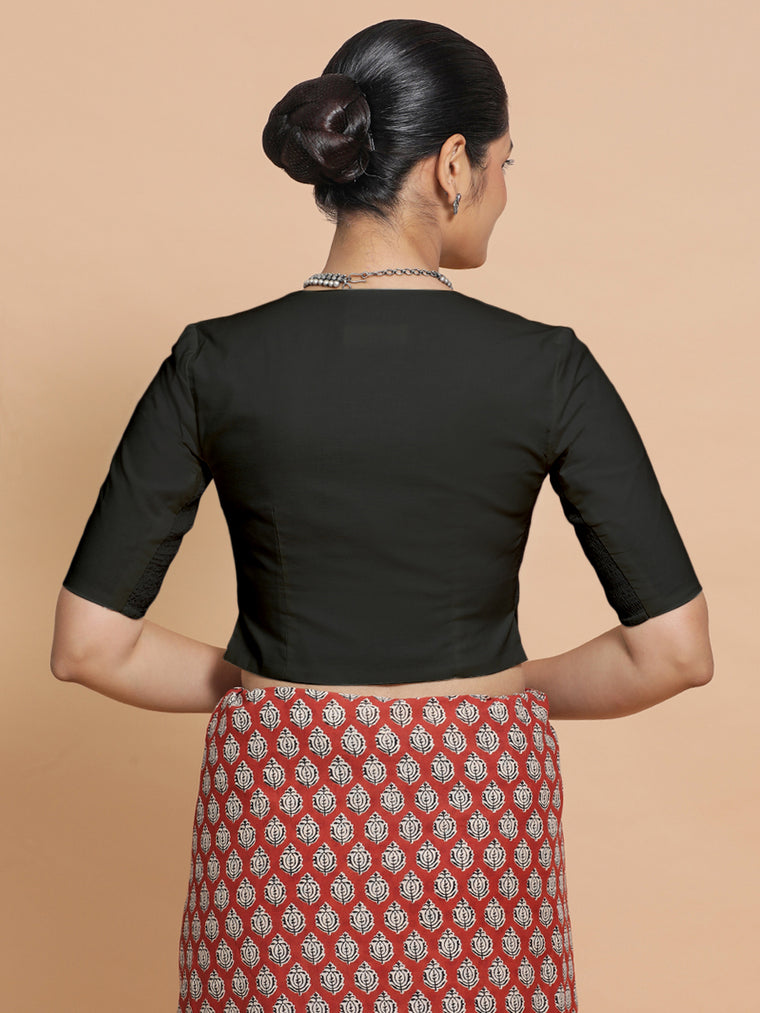 Rini x Rozaana Saree Blouse, in Black Linen, featuring elbow sleeves and v-neckline, made for daily & work (view 2).
