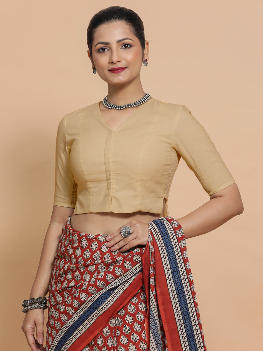 Rini x Rozaana Saree Blouse, in Beige Linen, featuring elbow sleeves and v-neckline, made for daily & work.