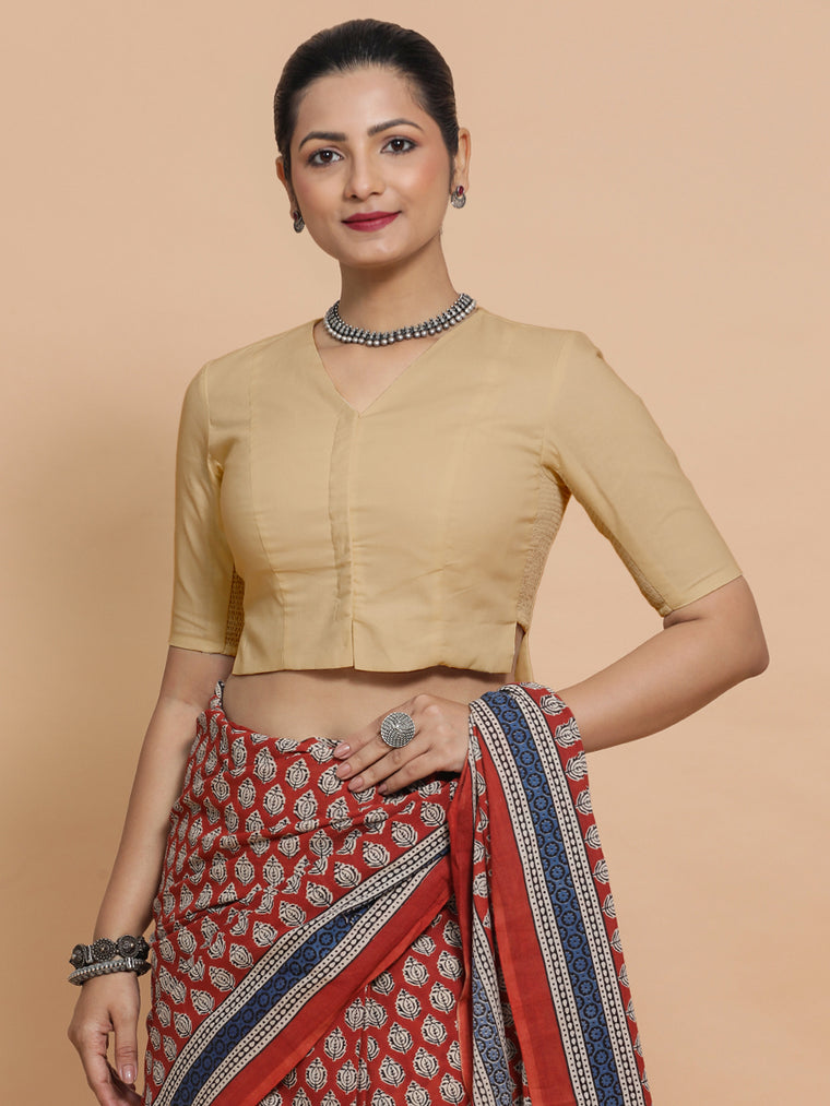 Rini x Rozaana Saree Blouse, in Beige Linen, featuring elbow sleeves and v-neckline, made for daily & work.
