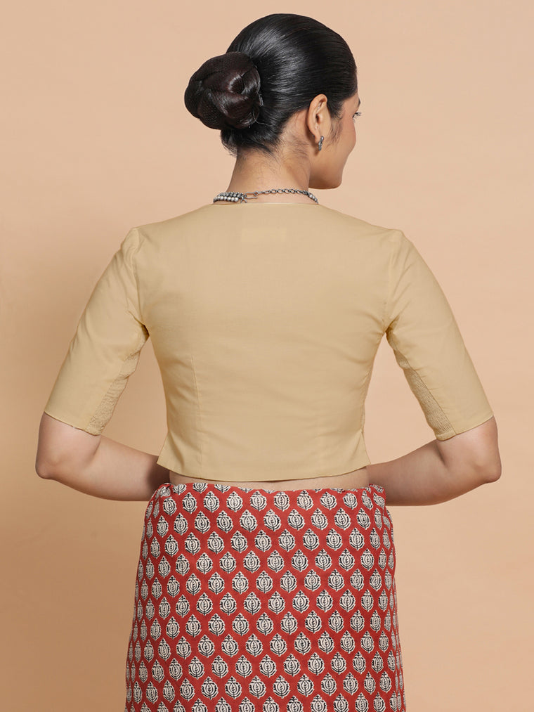 Rini x Rozaana Saree Blouse, in Beige Linen, featuring elbow sleeves and v-neckline, made for daily & work (view 2).