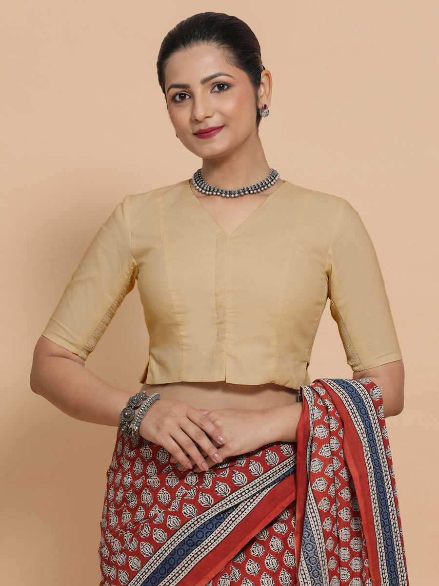 Rini x Rozaana Saree Blouse, in Beige Linen, featuring elbow sleeves and v-neckline, made for daily & work (view 6).