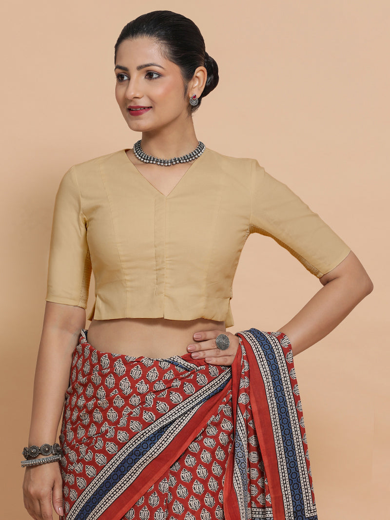 Rini x Rozaana | Elbow Sleeves Saree Blouse in Ecru Beige Linen-Binks
