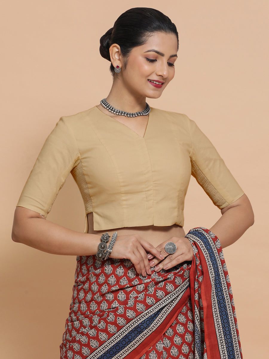 Rini x Rozaana Saree Blouse, in Beige Linen, featuring elbow sleeves and v-neckline, made for daily & work (view 8).