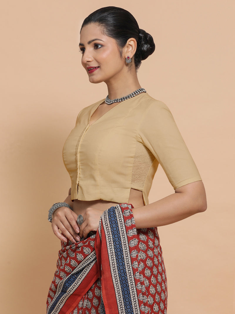 Rini x Rozaana | Elbow Sleeves Saree Blouse in Ecru Beige Linen-Binks