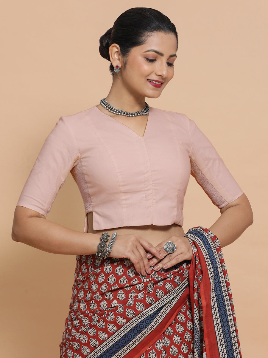 Rini x Rozaana | Elbow Sleeves Saree Blouse in Misty Pink Linen