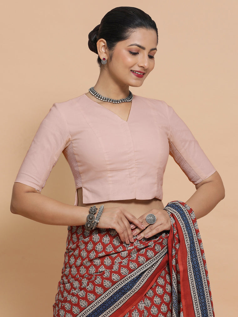 Rini x Rozaana Saree Blouse, in Pink Linen, featuring elbow sleeves and v-neckline, made for daily & work.