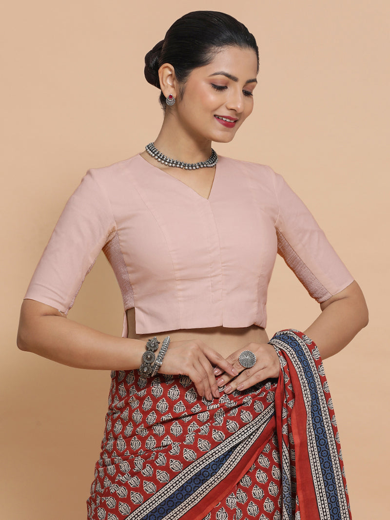 Rini x Rozaana | Elbow Sleeves Saree Blouse in Misty Pink Linen-Binks