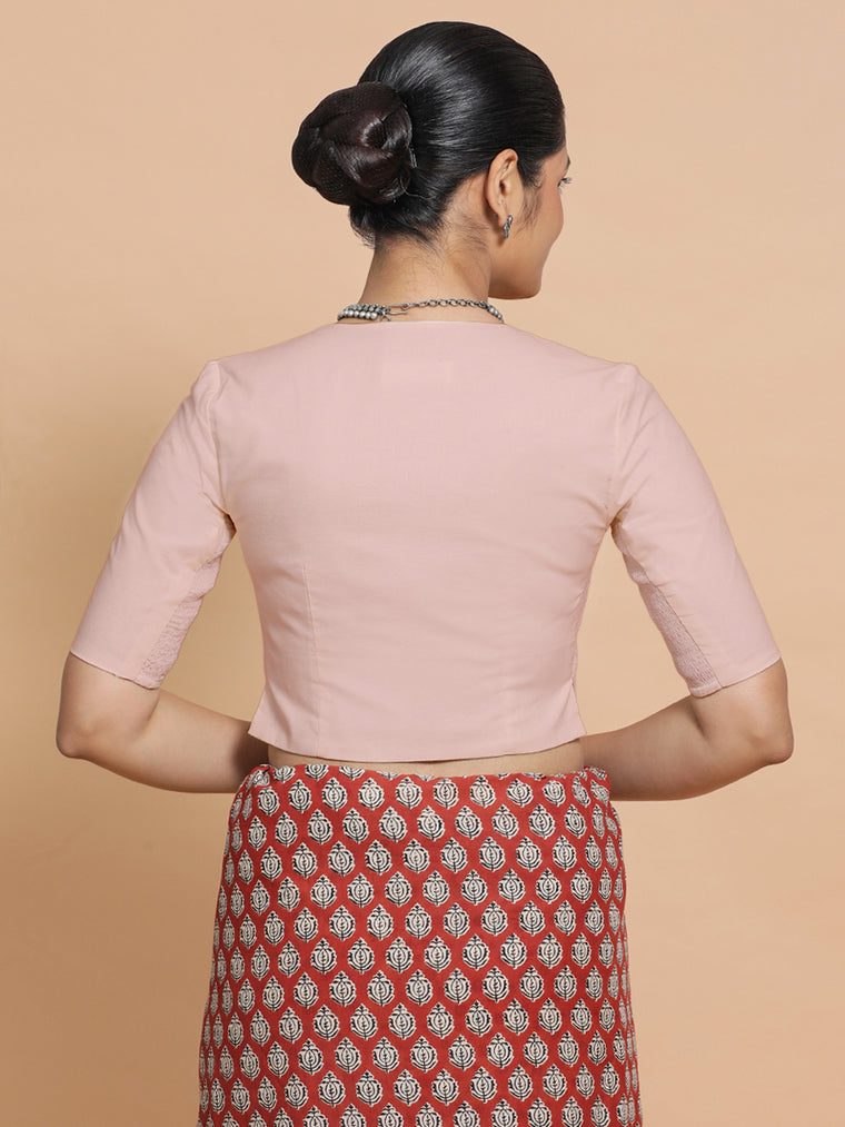 Rini x Rozaana Saree Blouse, in Pink Linen, featuring elbow sleeves and v-neckline, made for daily & work (view 2).