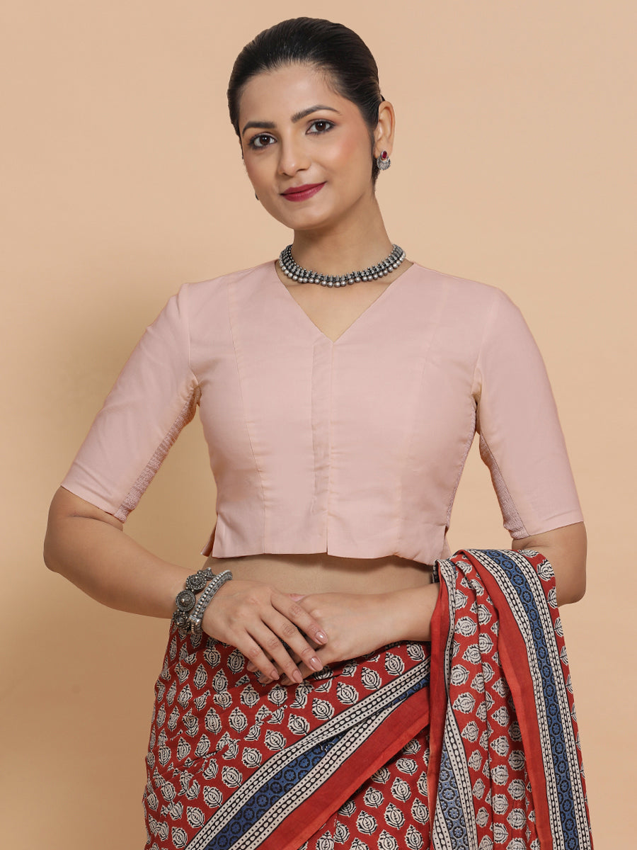 Rini x Rozaana Saree Blouse, in Pink Linen, featuring elbow sleeves and v-neckline, made for daily & work (view 6).