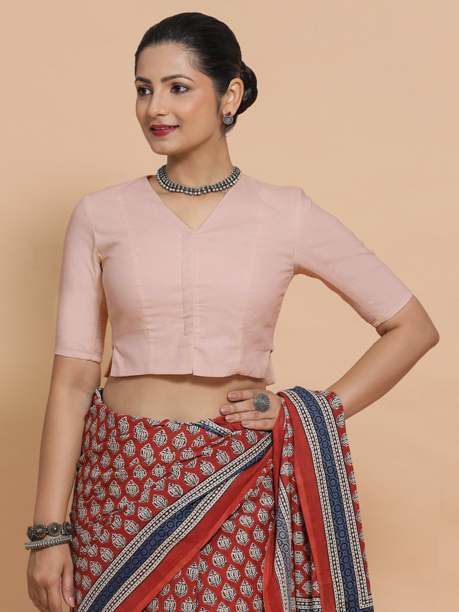 Rini x Rozaana Saree Blouse, in Pink Linen, featuring elbow sleeves and v-neckline, made for daily & work (view 7).