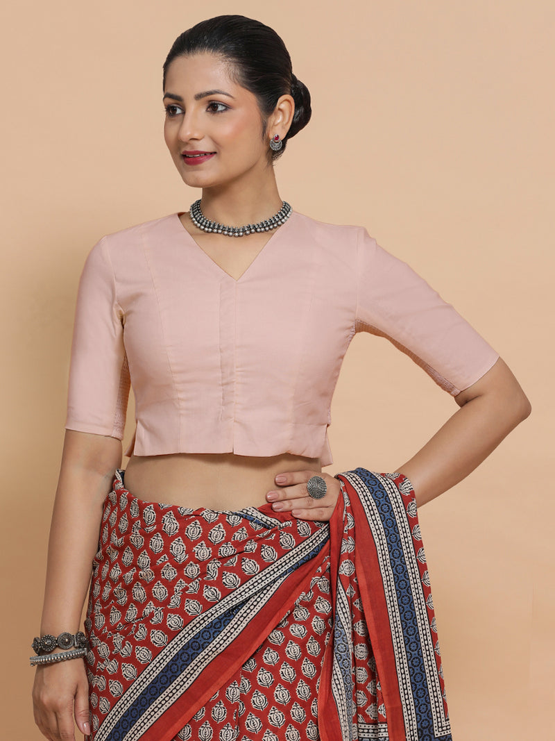 Rini x Rozaana | Elbow Sleeves Saree Blouse in Misty Pink Linen-Binks