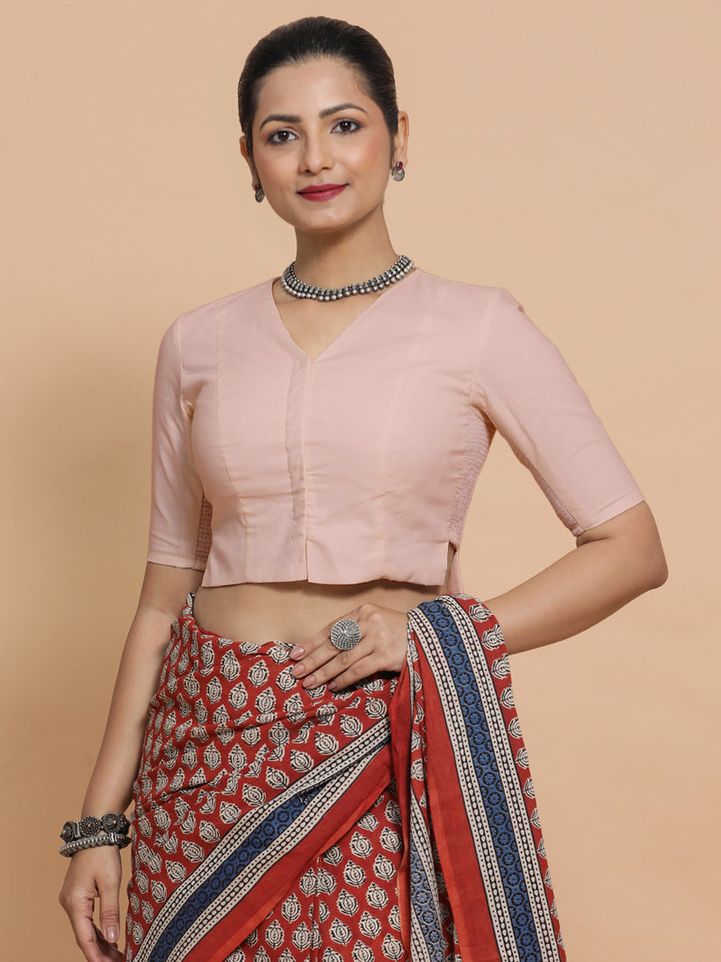 Rini x Rozaana | Elbow Sleeves Saree Blouse in Misty Pink Linen-Binks
