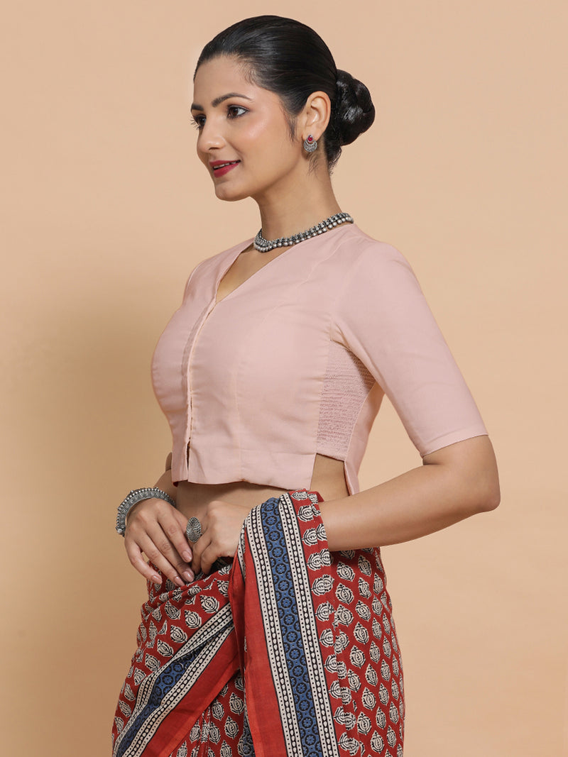 Rini x Rozaana | Elbow Sleeves Saree Blouse in Misty Pink Linen-Binks