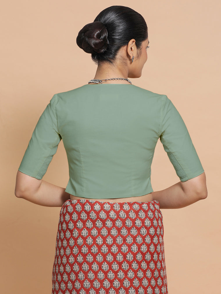 Rini x Rozaana Saree Blouse, in Green Linen, featuring elbow sleeves and v-neckline, made for daily & work (view 2).