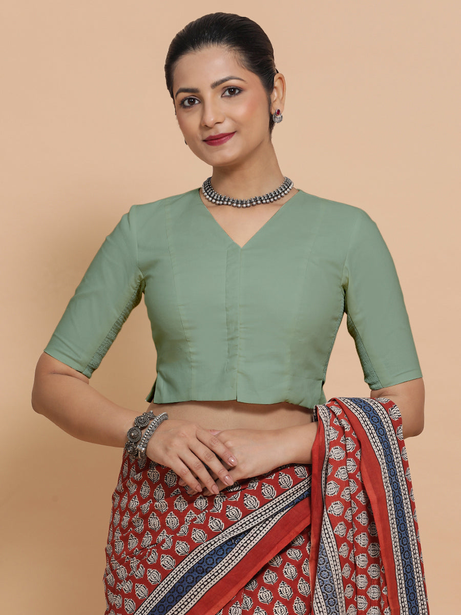 Rini x Rozaana Saree Blouse, in Green Linen, featuring elbow sleeves and v-neckline, made for daily & work (view 6).