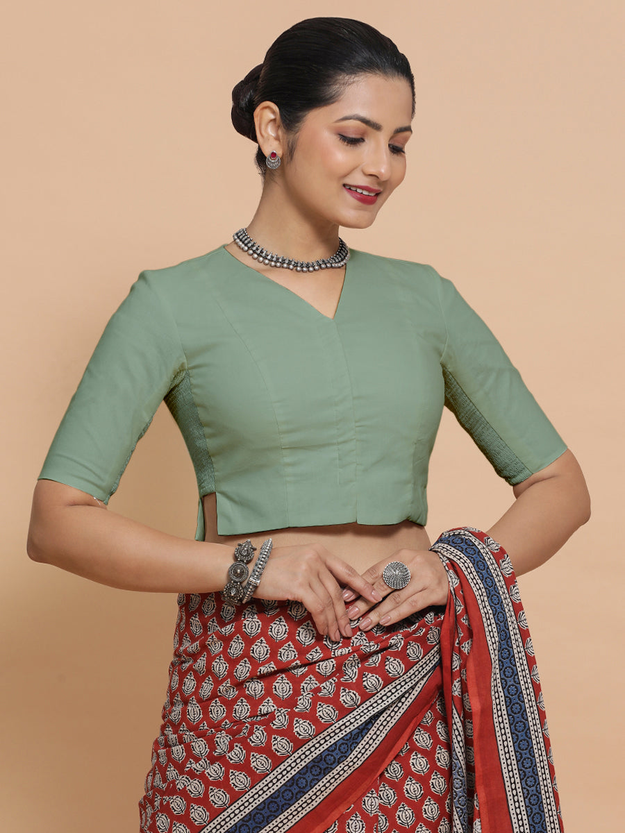 Rini x Rozaana Saree Blouse, in Green Linen, featuring elbow sleeves and v-neckline, made for daily & work (view 7).