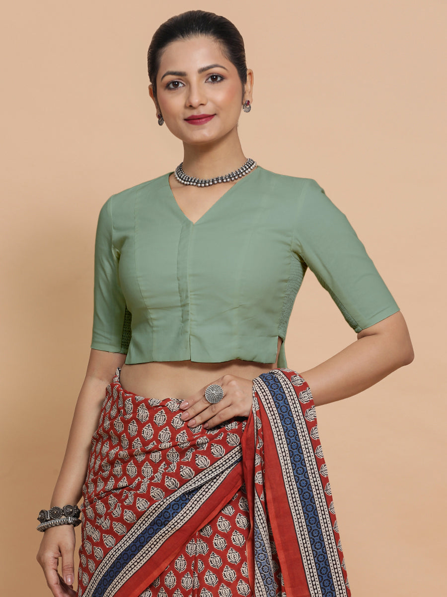 Rini x Rozaana Saree Blouse, in Green Linen, featuring elbow sleeves and v-neckline, made for daily & work (view 8).