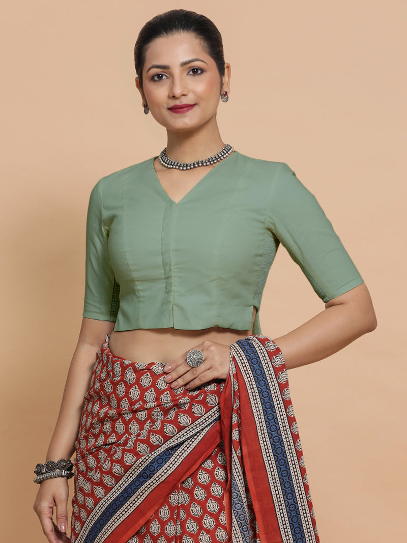 Rini x Rozaana | Elbow Sleeves Saree Blouse in Peppermint Green Linen-Binks