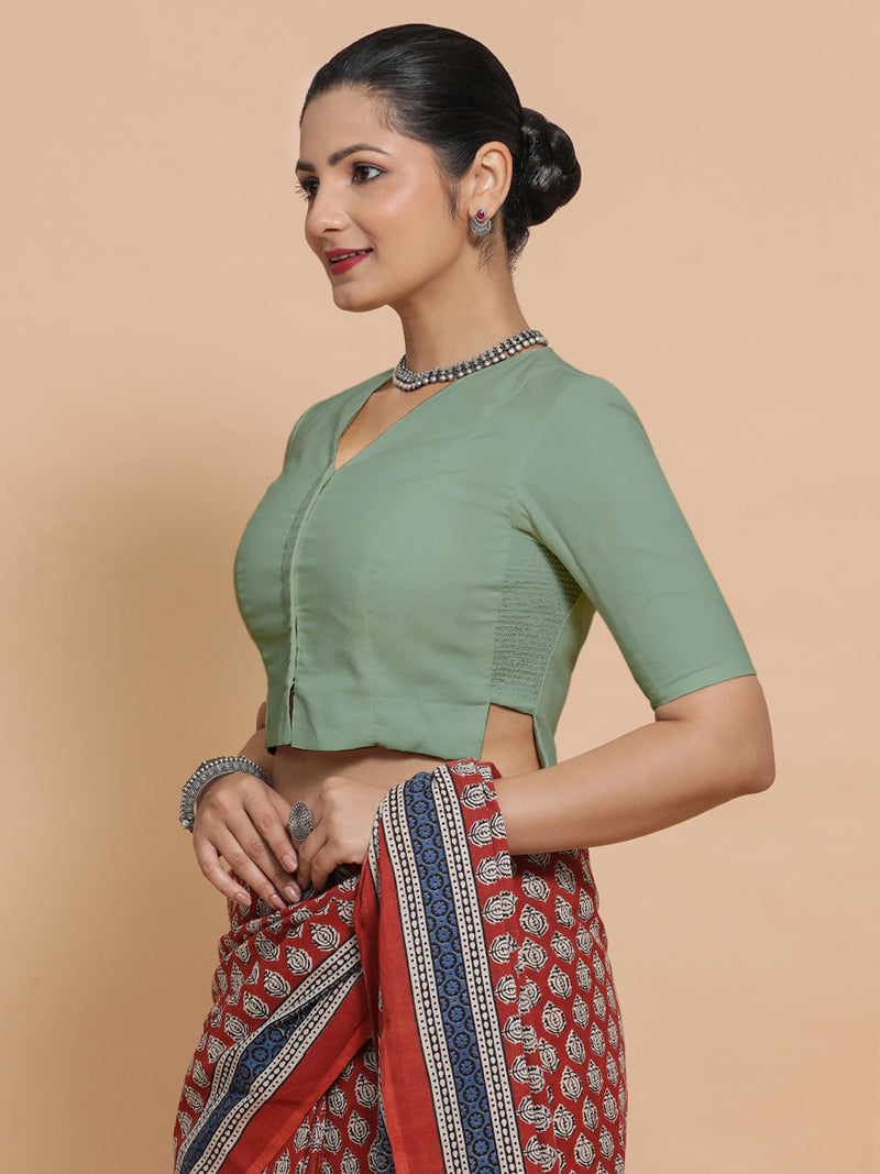 Rini x Rozaana | Elbow Sleeves Saree Blouse in Peppermint Green Linen-Binks