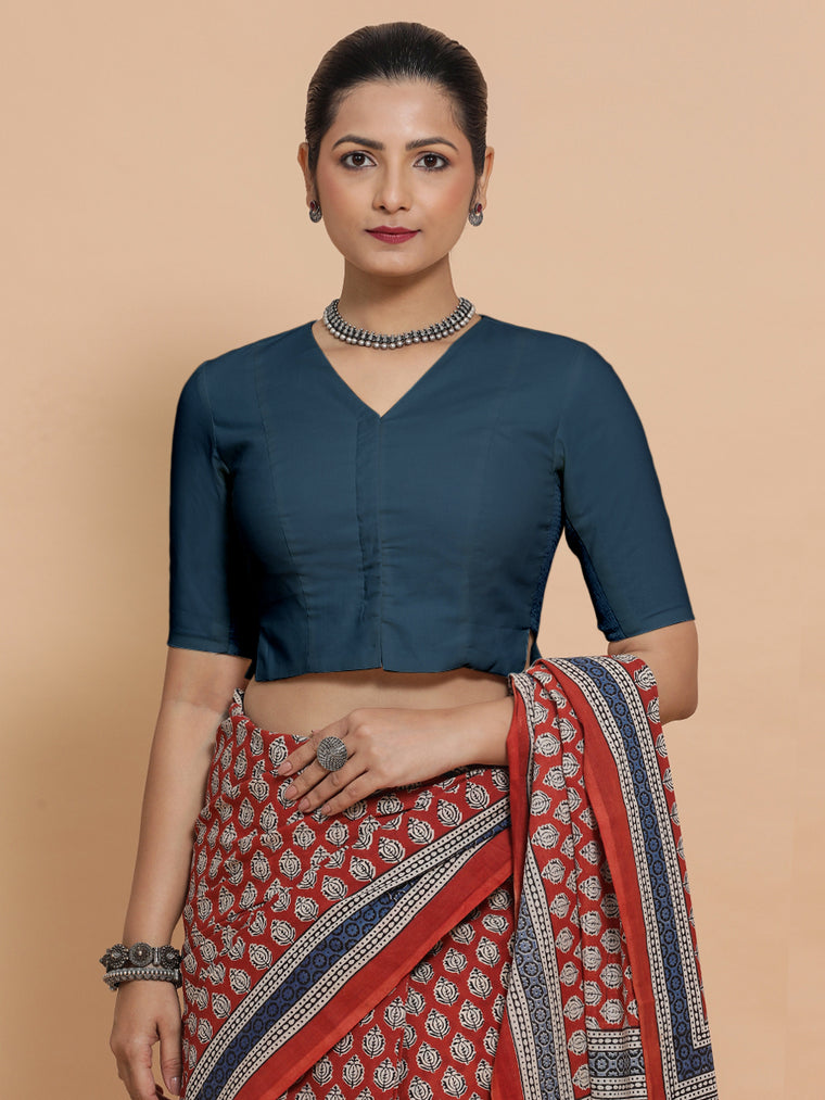 Rini x Rozaana Saree Blouse, in Blue Linen, featuring elbow sleeves and v-neckline, made for daily & work.