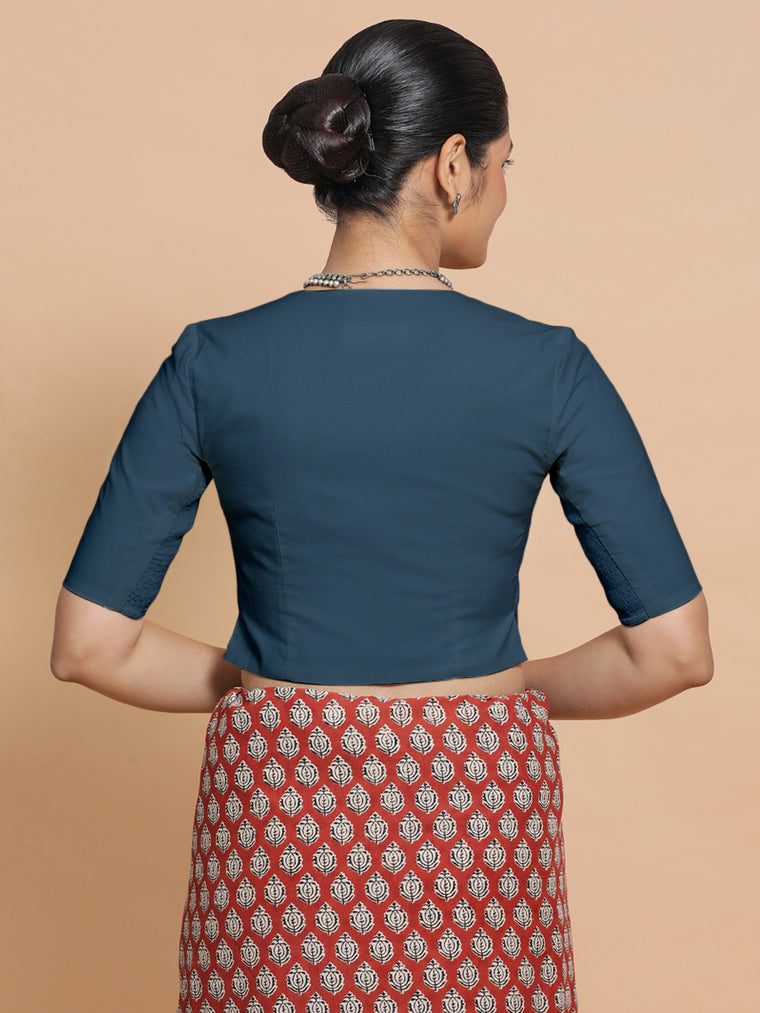 Rini x Rozaana Saree Blouse, in Blue Linen, featuring elbow sleeves and v-neckline, made for daily & work (view 2).