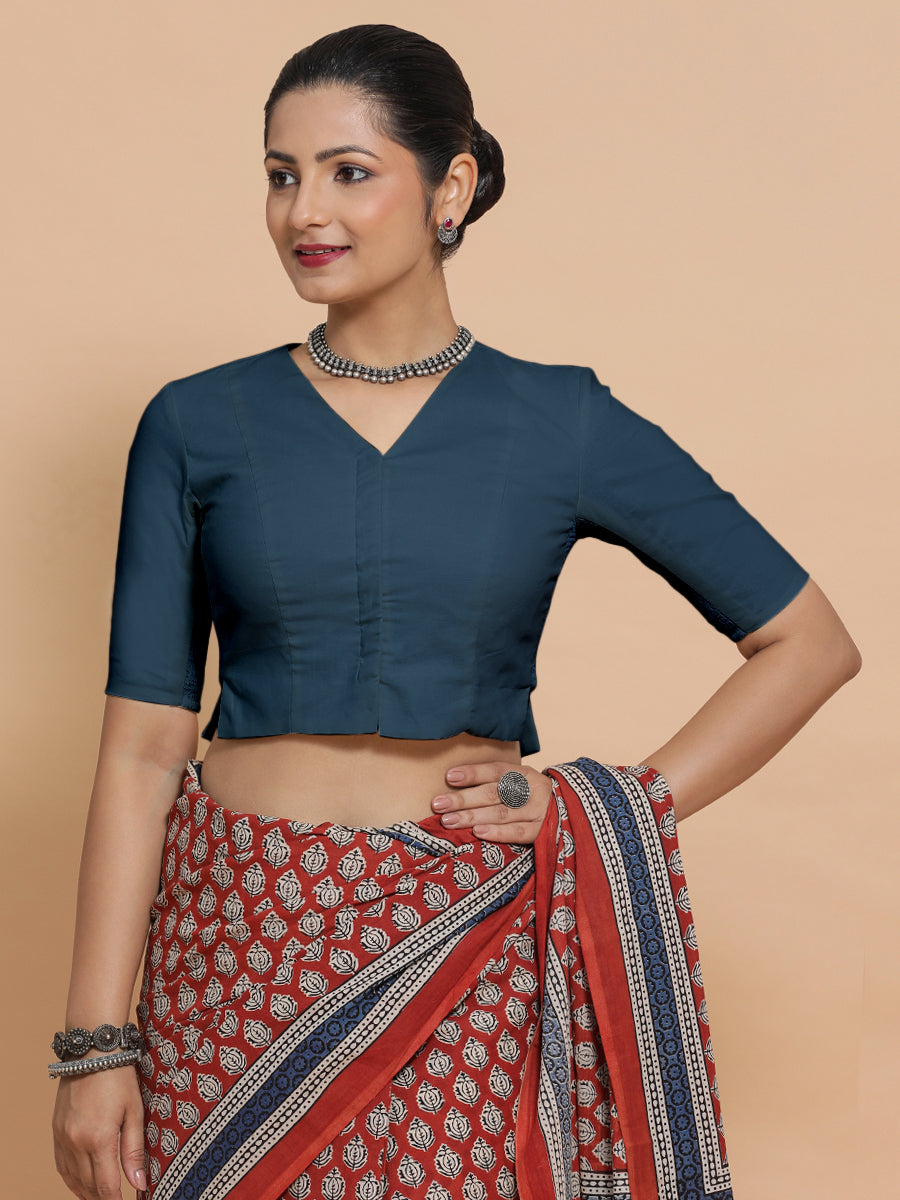 Rini x Rozaana Saree Blouse, in Blue Linen, featuring elbow sleeves and v-neckline, made for daily & work (view 5).