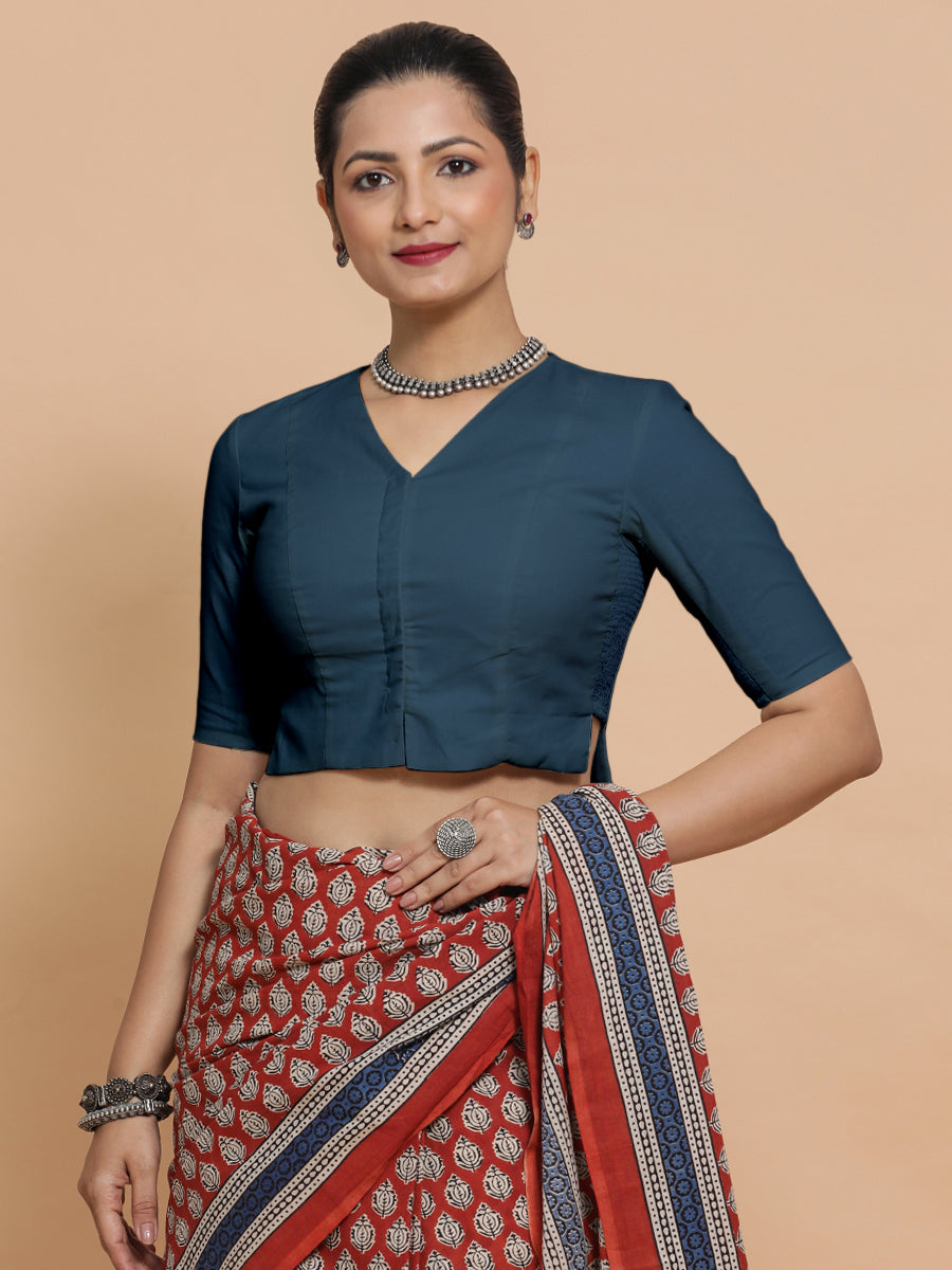 Rini x Rozaana Saree Blouse, in Blue Linen, featuring elbow sleeves and v-neckline, made for daily & work (view 8).