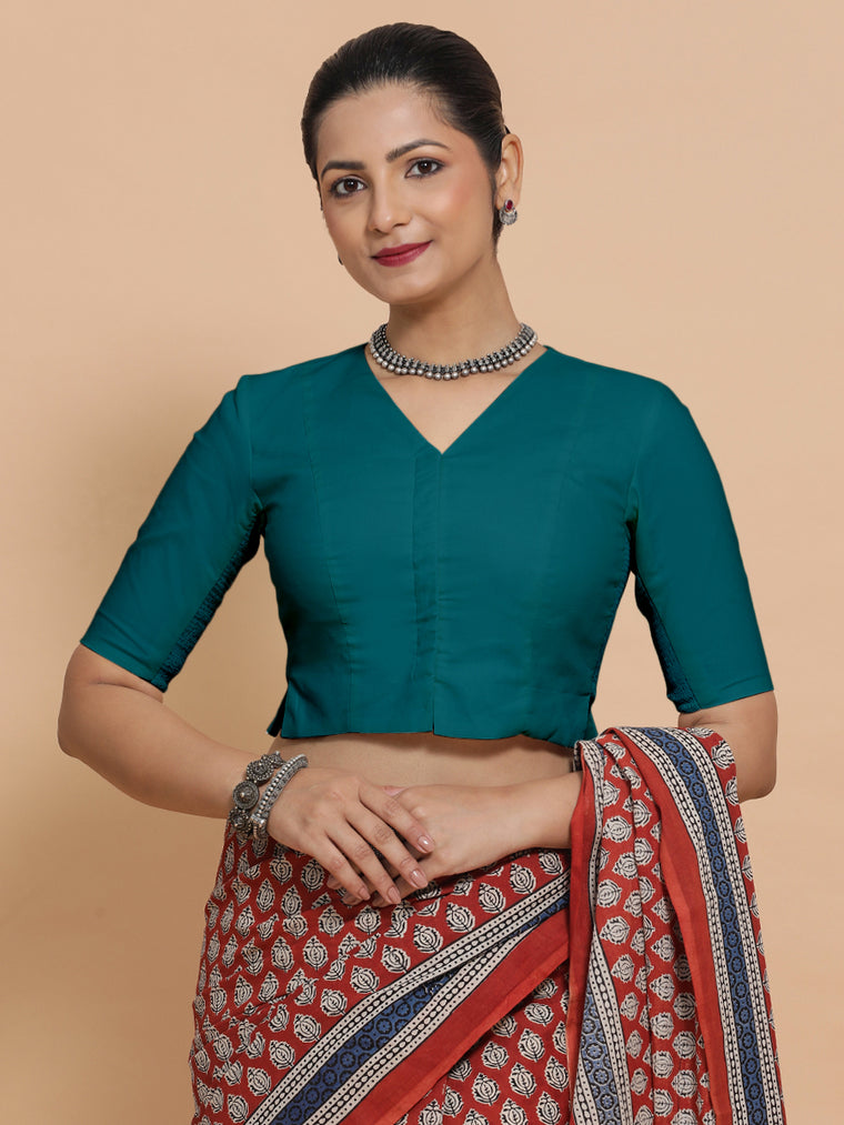 Rini x Rozaana Saree Blouse, in Blue Linen, featuring elbow sleeves and v-neckline, made for daily & work.