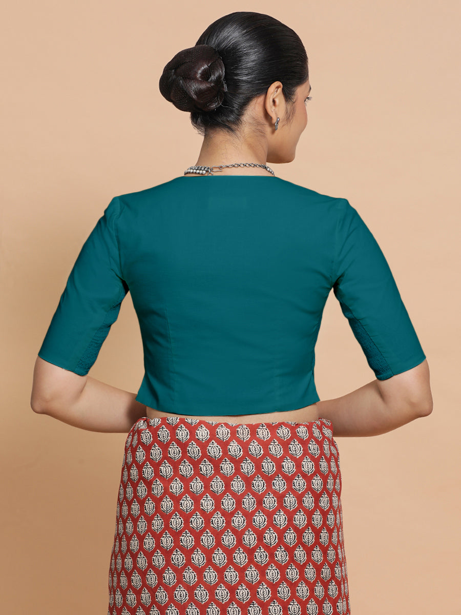 Rini x Rozaana Saree Blouse, in Blue Linen, featuring elbow sleeves and v-neckline, made for daily & work (view 2).