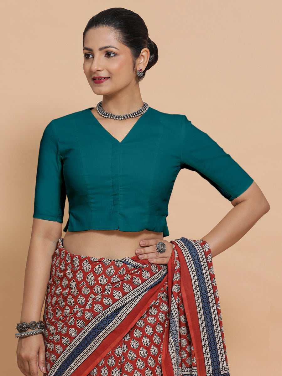 Rini x Rozaana Saree Blouse, in Blue Linen, featuring elbow sleeves and v-neckline, made for daily & work (view 6).