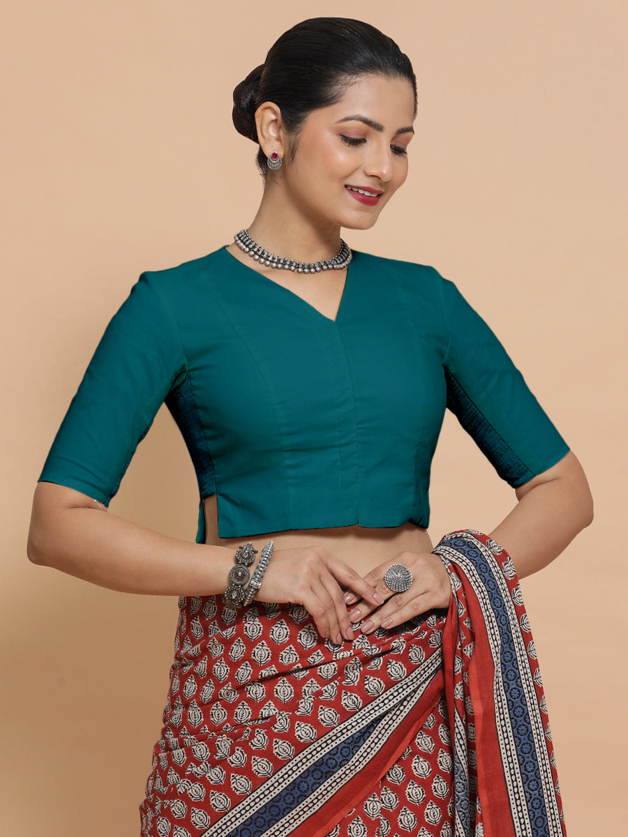 Rini x Rozaana Saree Blouse, in Blue Linen, featuring elbow sleeves and v-neckline, made for daily & work (view 7).