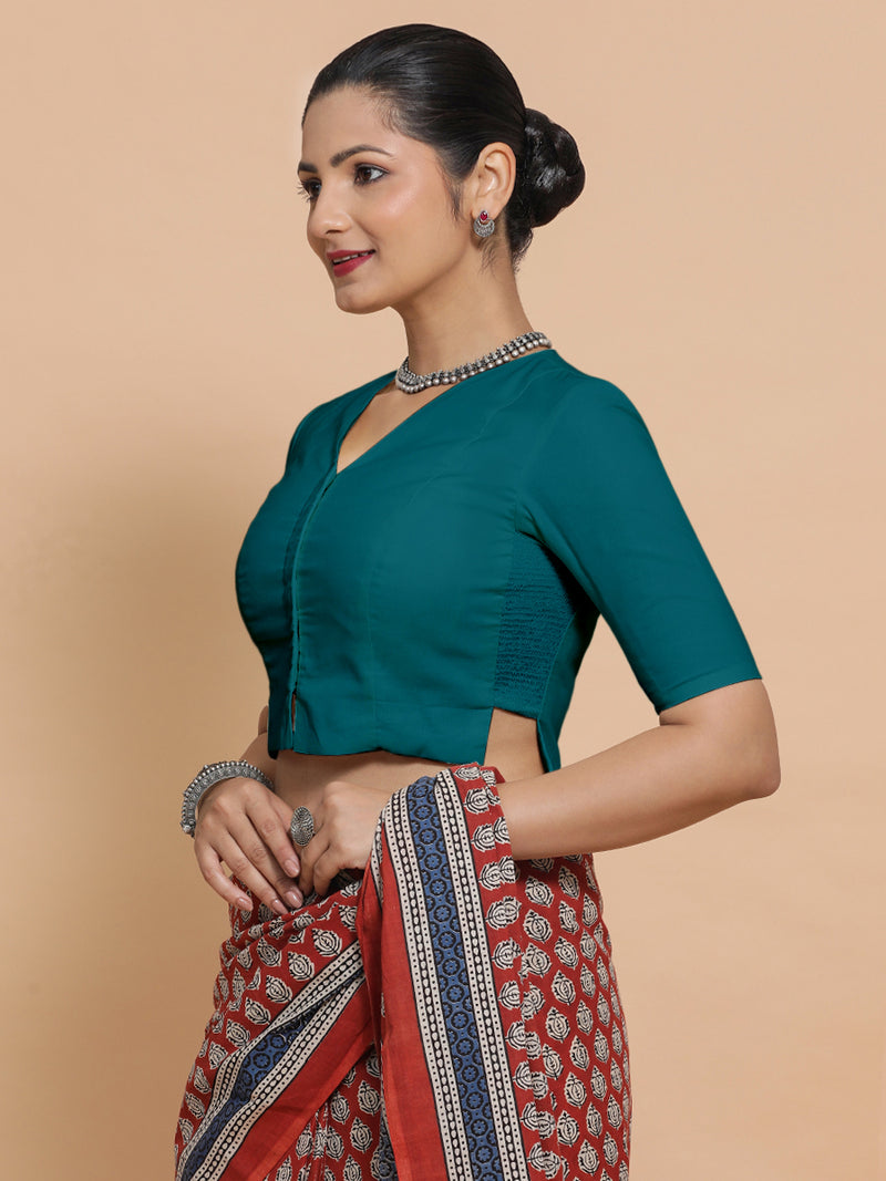 Rini x Rozaana | Elbow Sleeves Saree Blouse in Teal Blue Linen-Binks