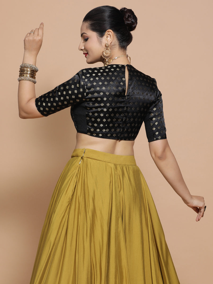 Riti x Tyohaar Saree Blouse, in Black Embroidery & Brocade, featuring elbow sleeves and jewel neckline (view 2).