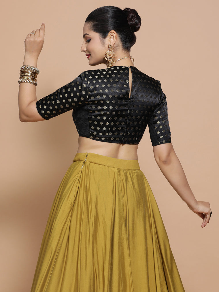 Riti x Tyohaar Saree Blouse, in Black Embroidery & Brocade, featuring elbow sleeves and jewel neckline (view 2).