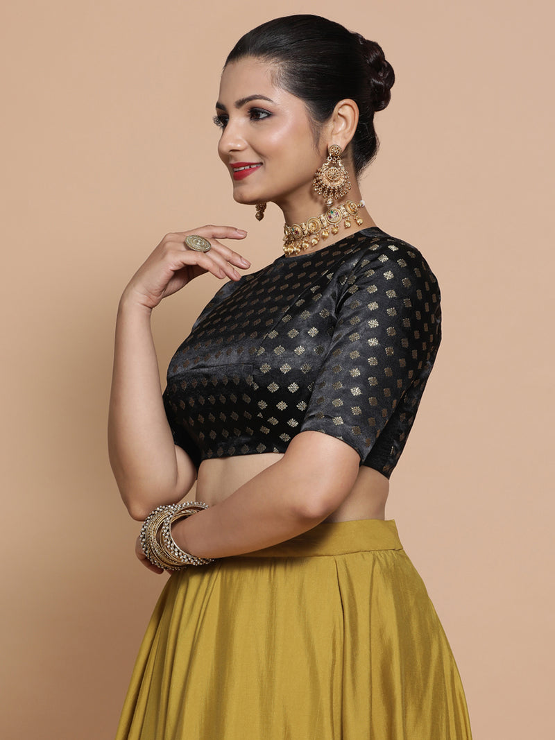 Riti x Tyohaar | Elbow Sleeves Satin Viscose Saree Blouse in Black Butta Fabric-Binks