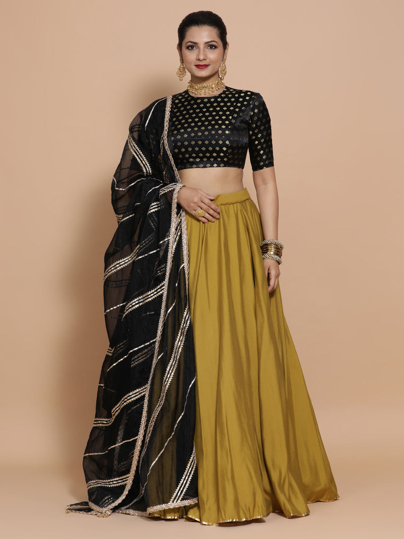 Riti x Tyohaar | Elbow Sleeves Satin Viscose Saree Blouse in Black Butta Fabric-Binks
